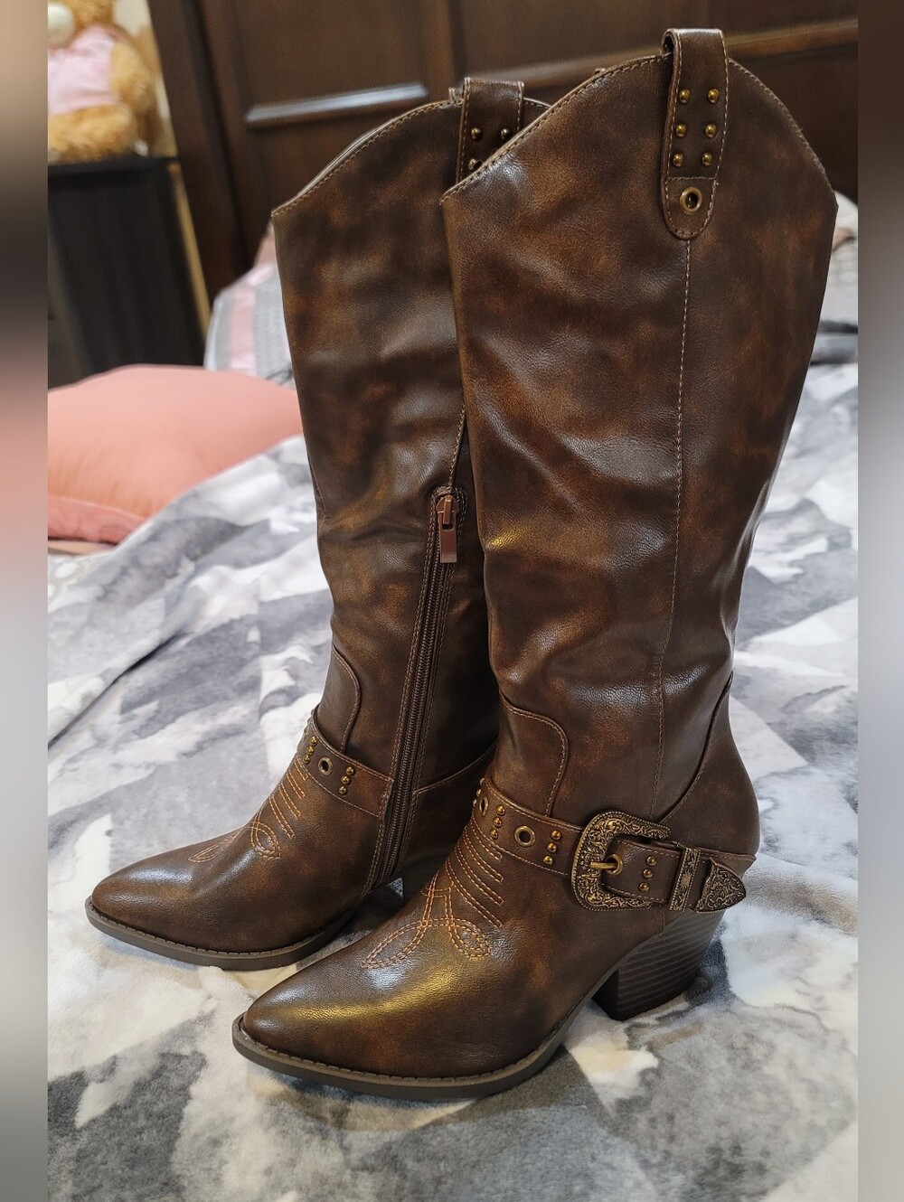 Brown Western Mid-Calf Heeled Boots